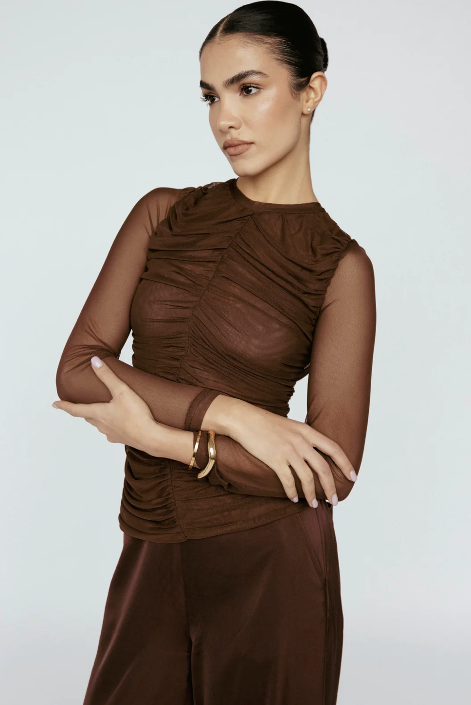 Ruche Mesh Long Sleeve Top Coco