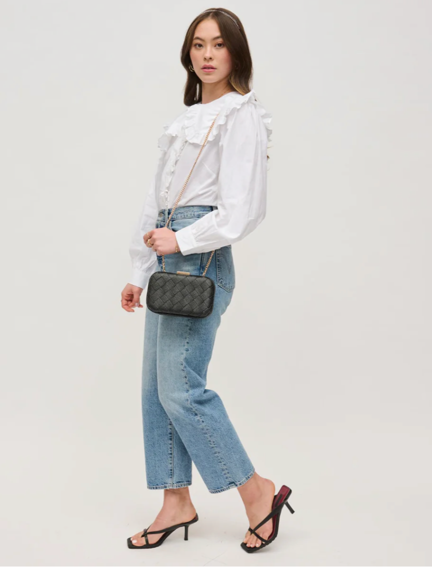 Addie Woven Straw Clutch Black