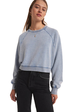 Crop Out Knit Denim Sweatshirt- Washed Indigo