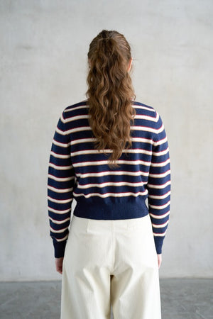 Striped Crew Neck Contrast Cardigan Navy
