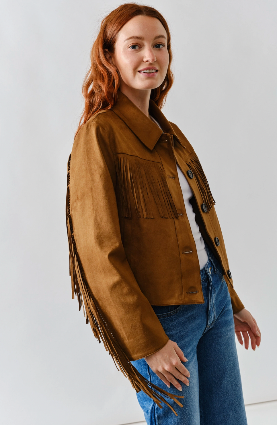 Faux Suede Fringe Jacket Cognac