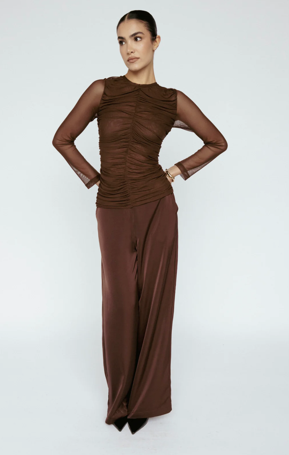 Ruche Mesh Long Sleeve Top Coco