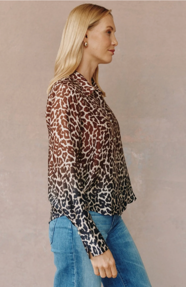 Flowy Wide Collar Button Down Ombre Leopard