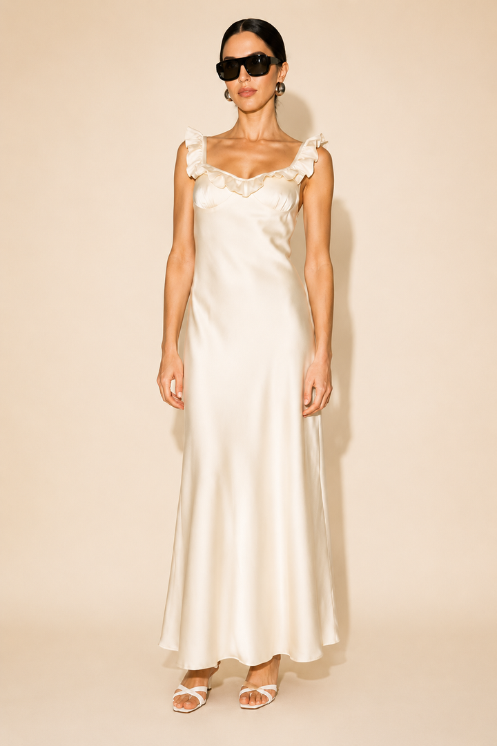 Ruffle Neck Satin Maxi Dress-Butter