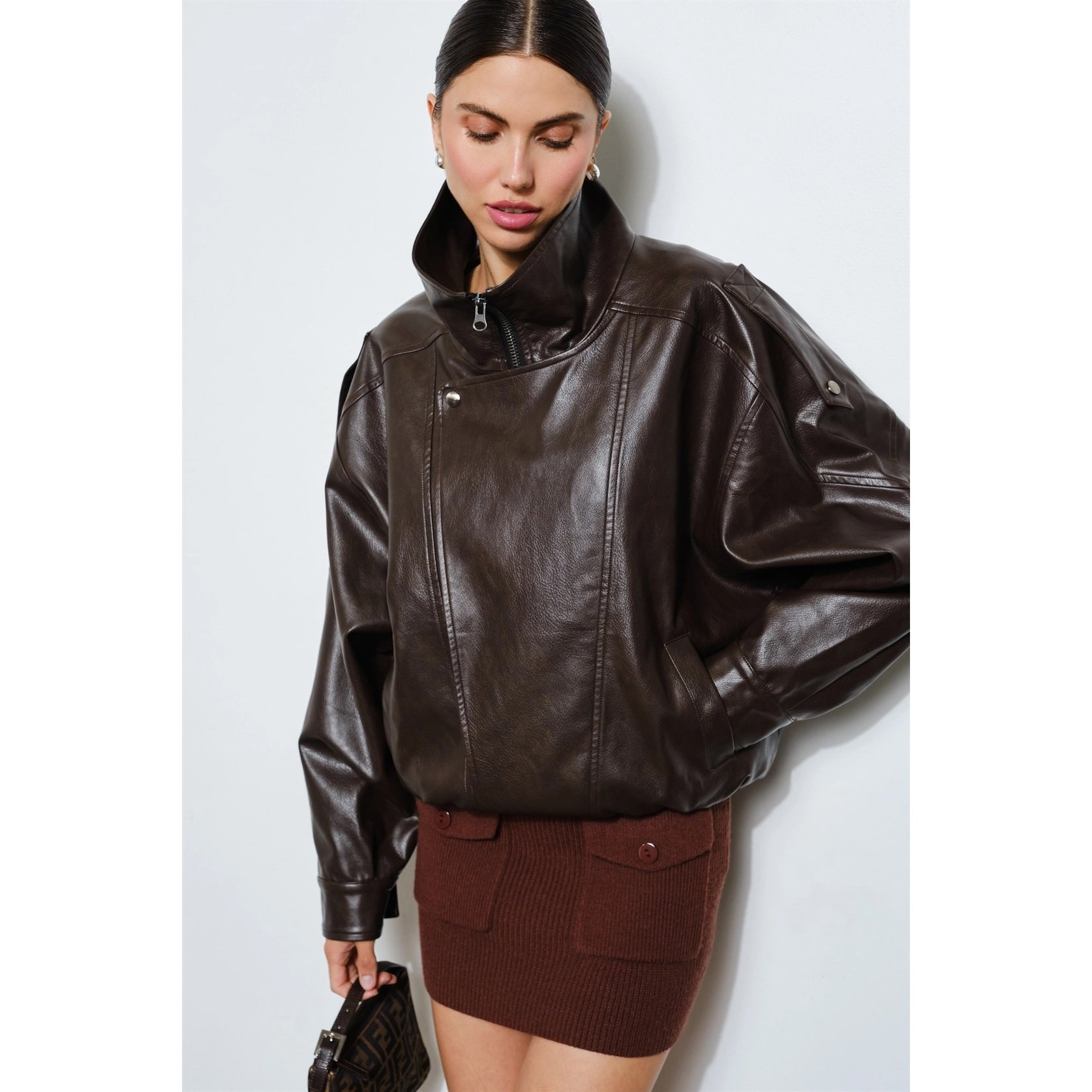 Perry Faux Leather Bomber Brown