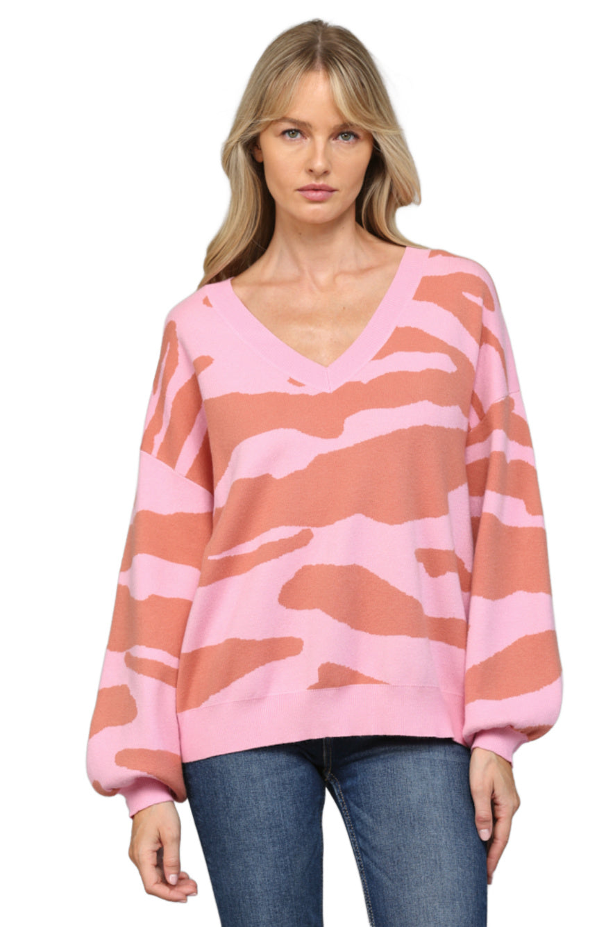 Animal Print V-Neck Sweater Rust/Pink