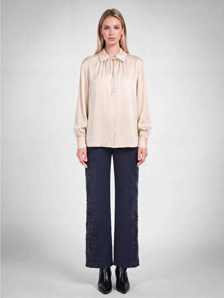Collar Neck w/Tie Blouse-Ecru