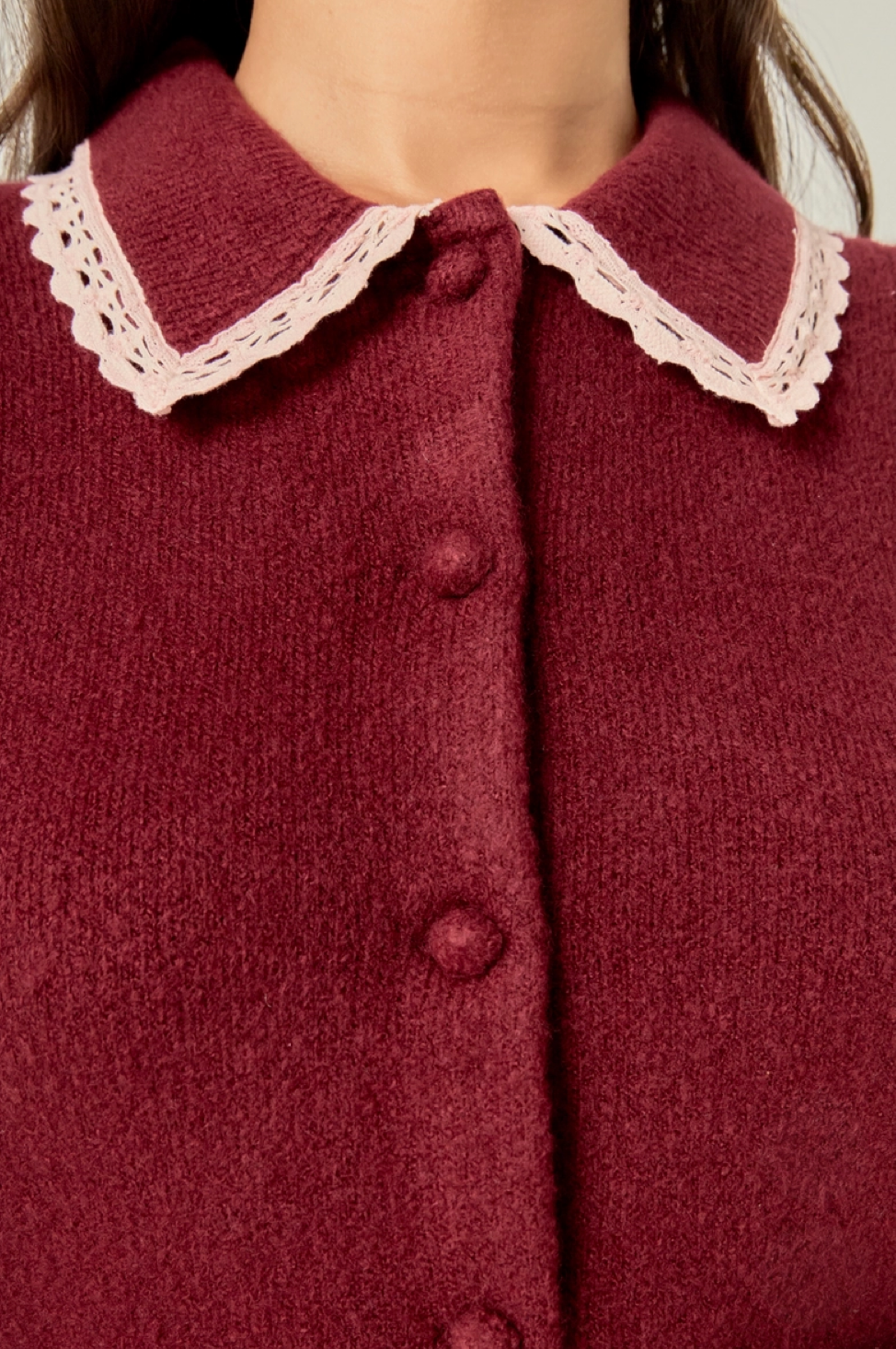Lace Trimmed Knit Cardigan-Burgundy