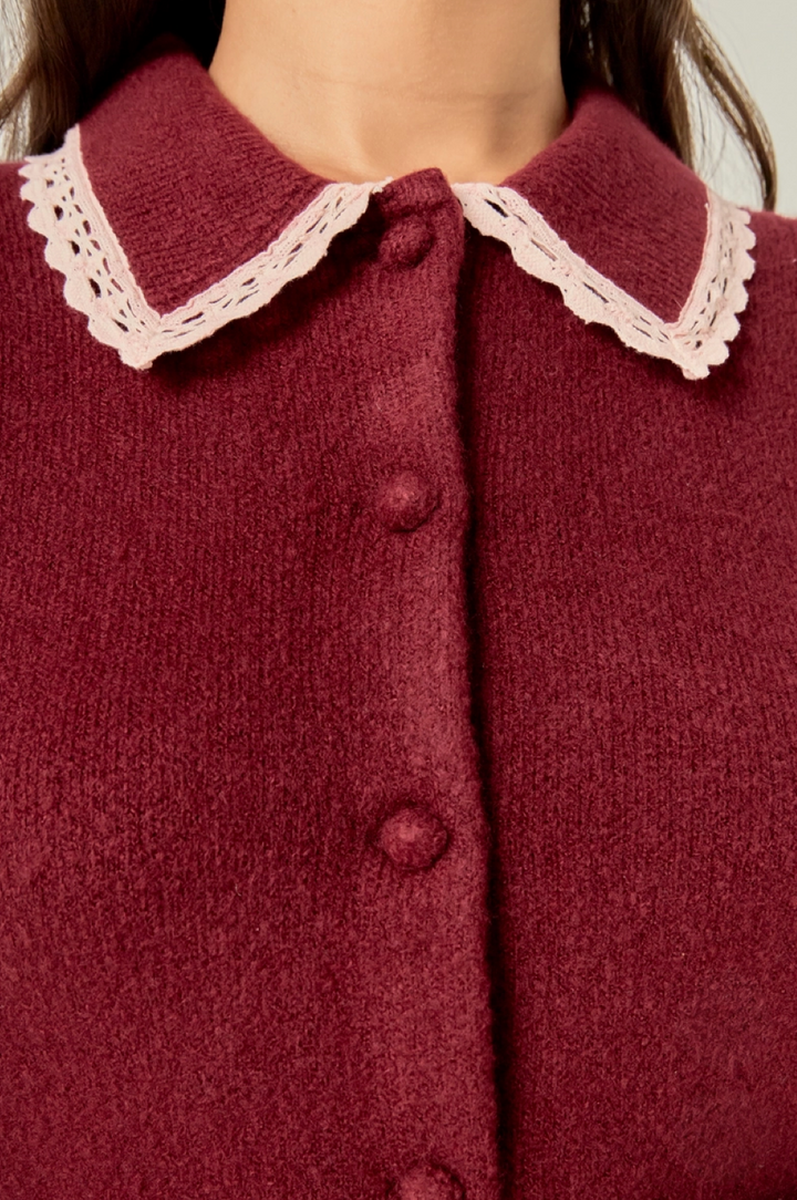 Lace Trimmed Knit Cardigan-Burgundy