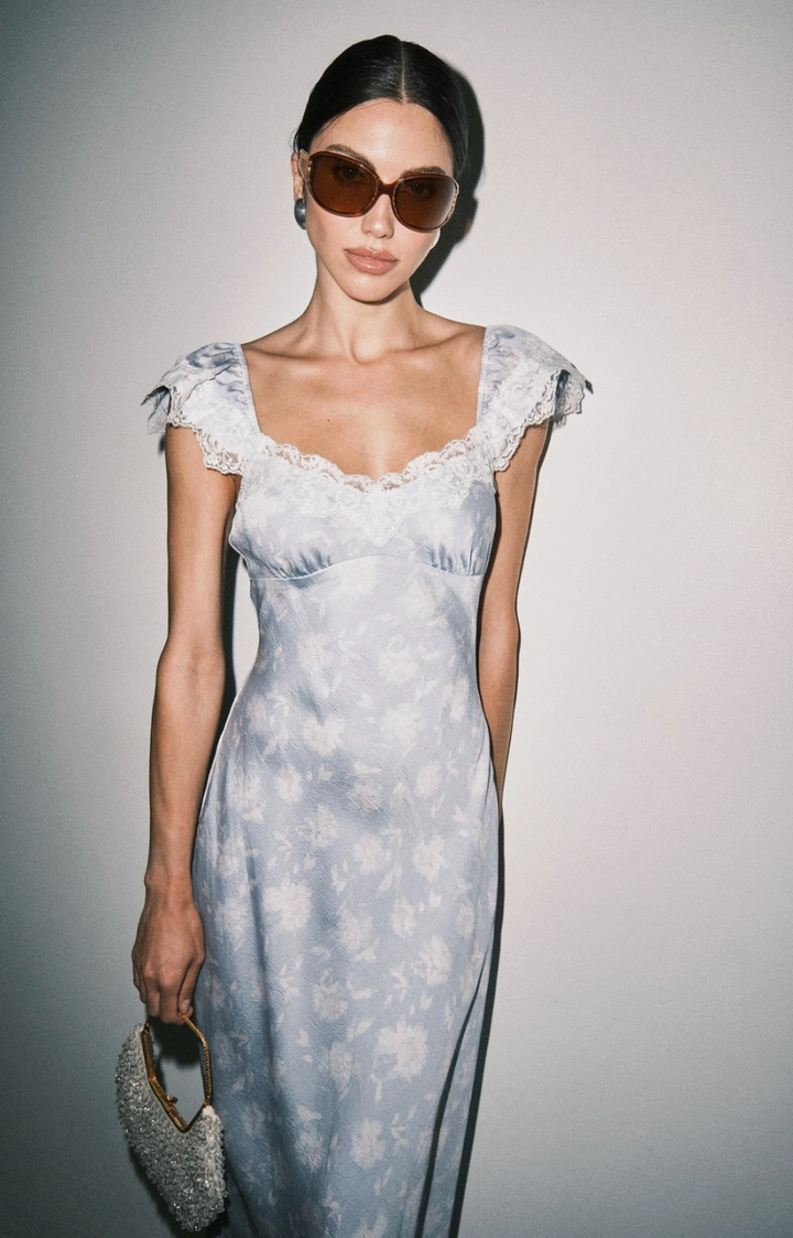 Camille Floral Satin Dress-Light Blue