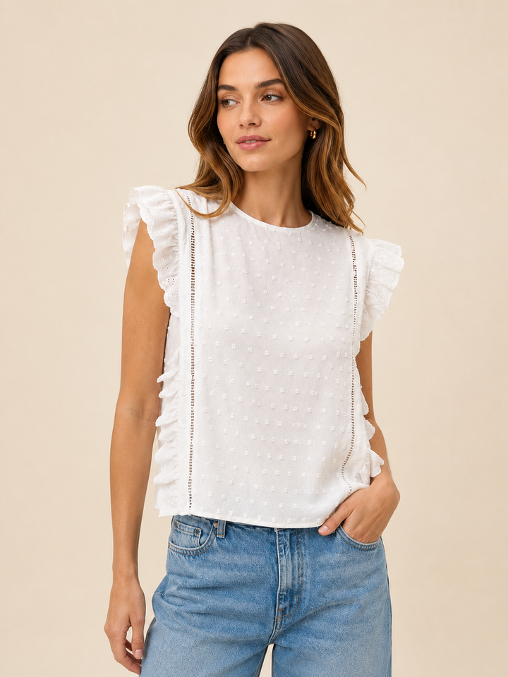 Lace Trim Swiss Dot Sleeveless Top