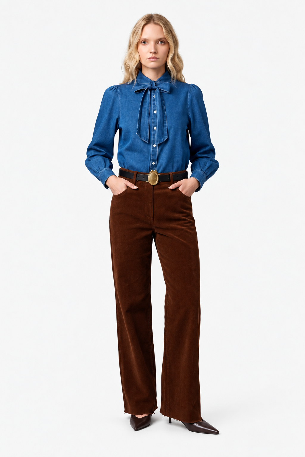 Zaves Chambray Bow Longsleeve Top