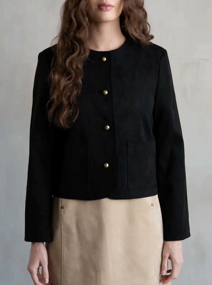 Suede Collarless Jacket-Black