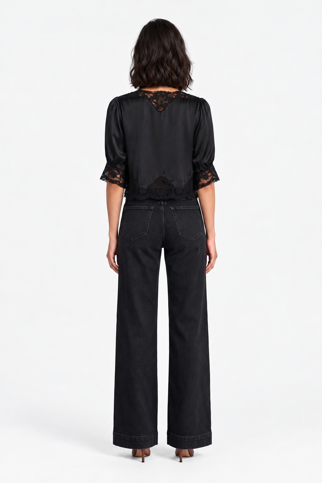 Button Front Blouse with Lace Trim- Black