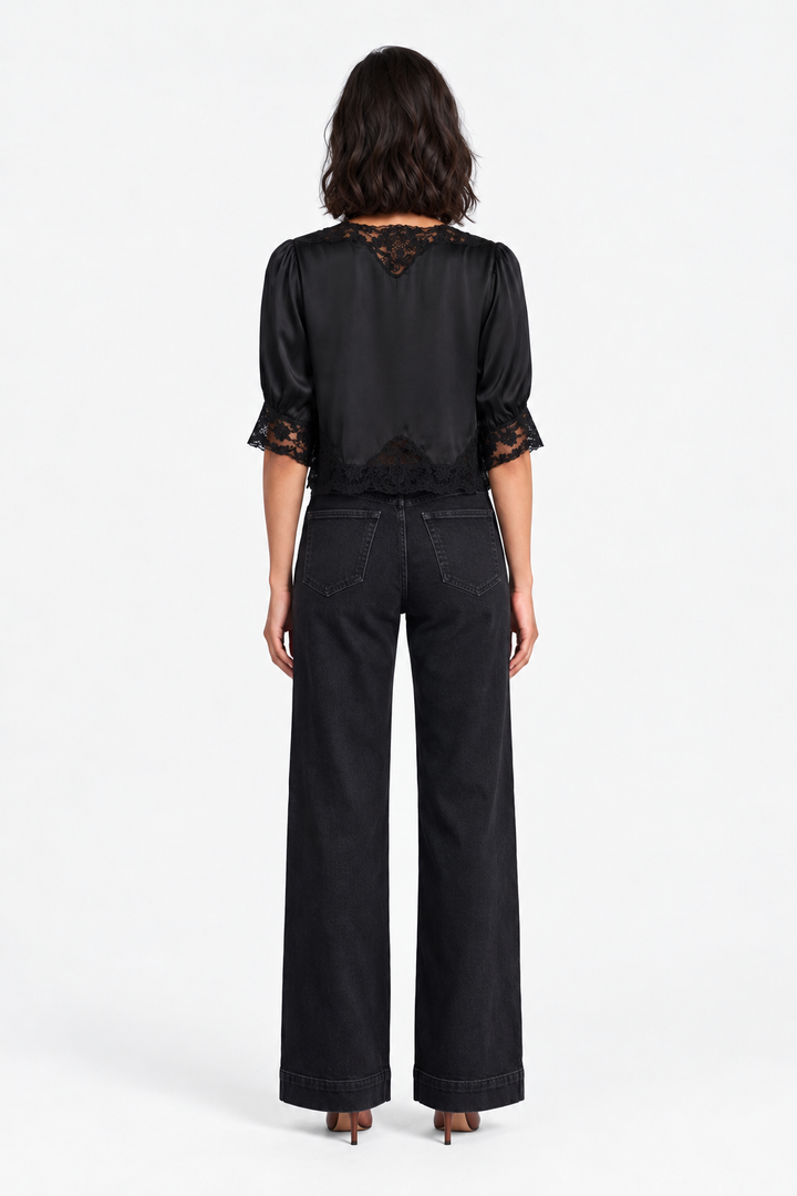 Button Front Blouse with Lace Trim- Black
