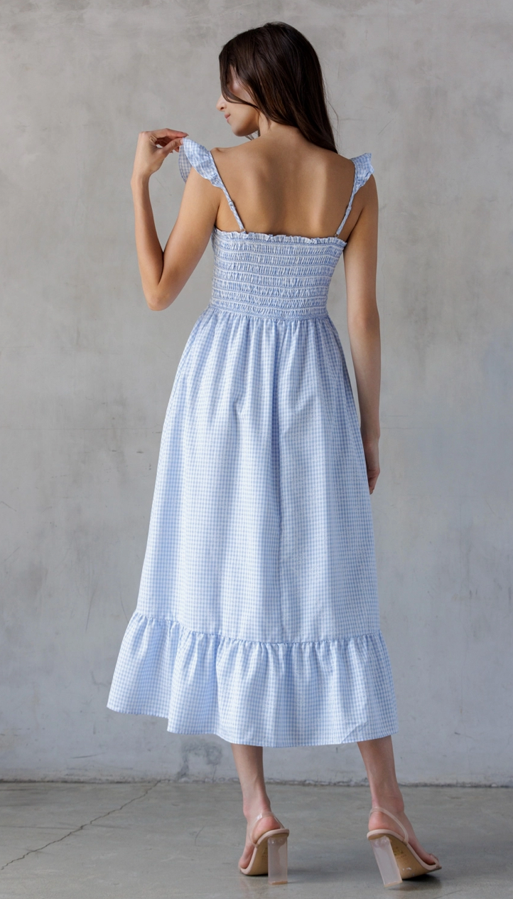 Blue Gingham Smocked Bodice Midi Dress