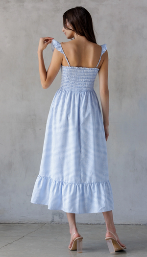 Blue Gingham Smocked Bodice Midi Dress