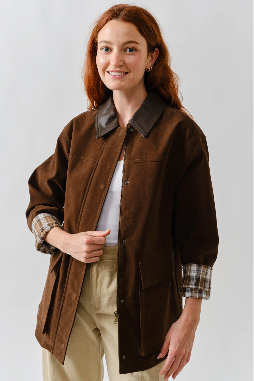 Faux Suede Jacket Leather Collar Brown