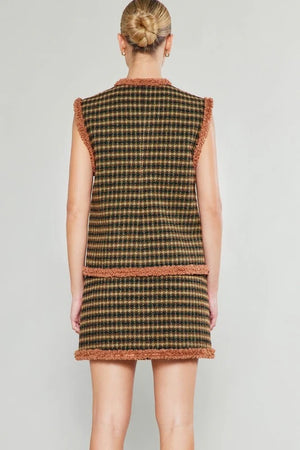 Houndstooth Vest W/Fur Trim Detail