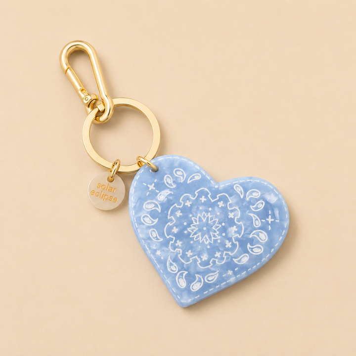 Hand-Painted Paisley Heart Bag Keychain Blue