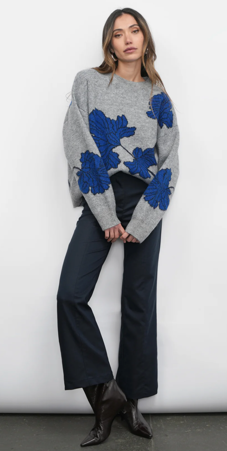Bennett Intarsia Flower Sweater Grey/Sapphire