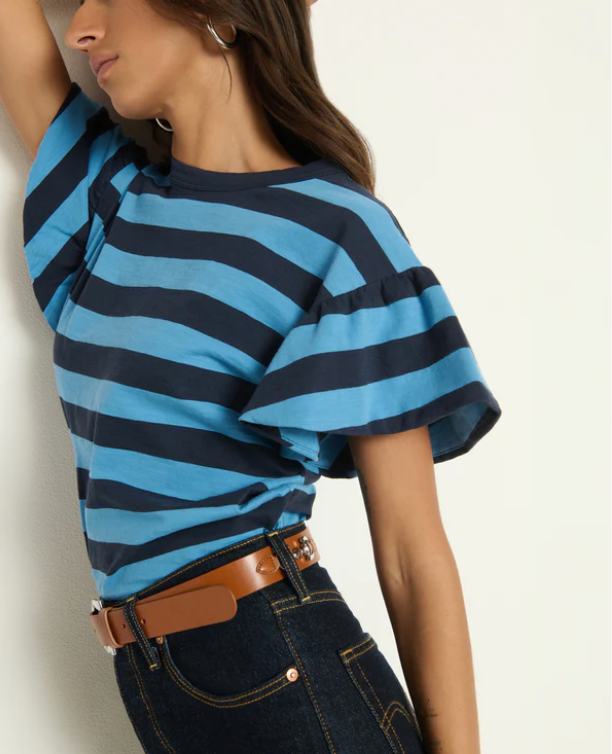 Camille Ruffle Sleeve Top Rugby Stripe