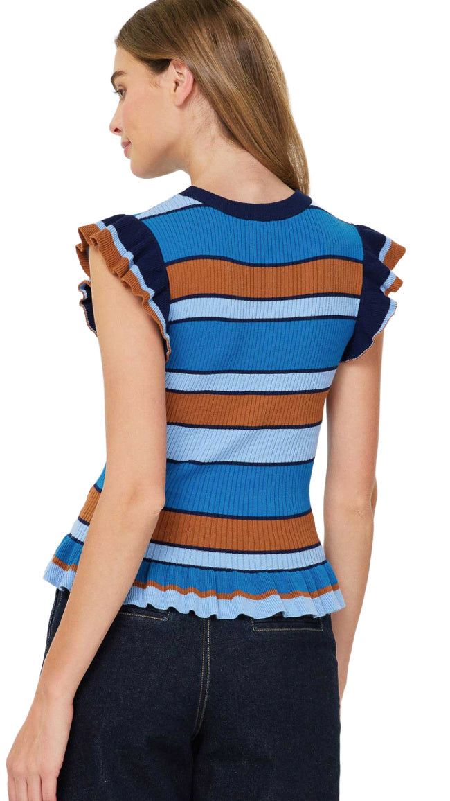 Round Neck Sleeveless Ruffle Hem-Blue Multi