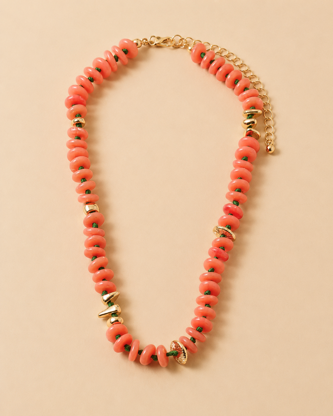 Claudet Collection-Peach Flat Beaded Green Knotted w/Gold