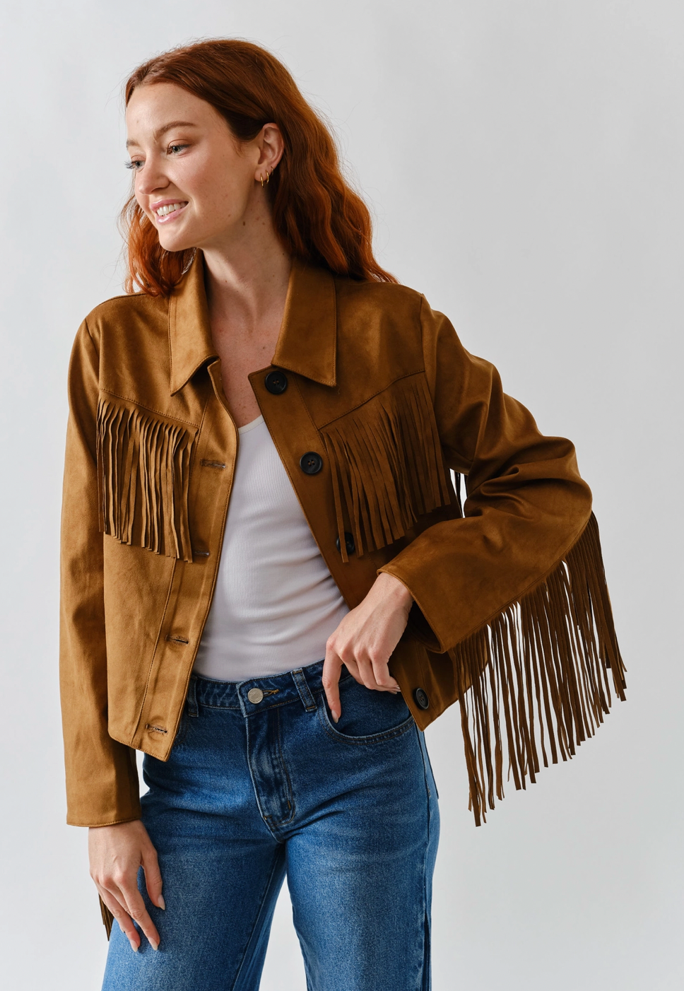 Faux Suede Fringe Jacket Cognac