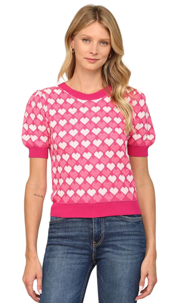 Heart Pattern Knit Short Sleeve Sweater Fuschia