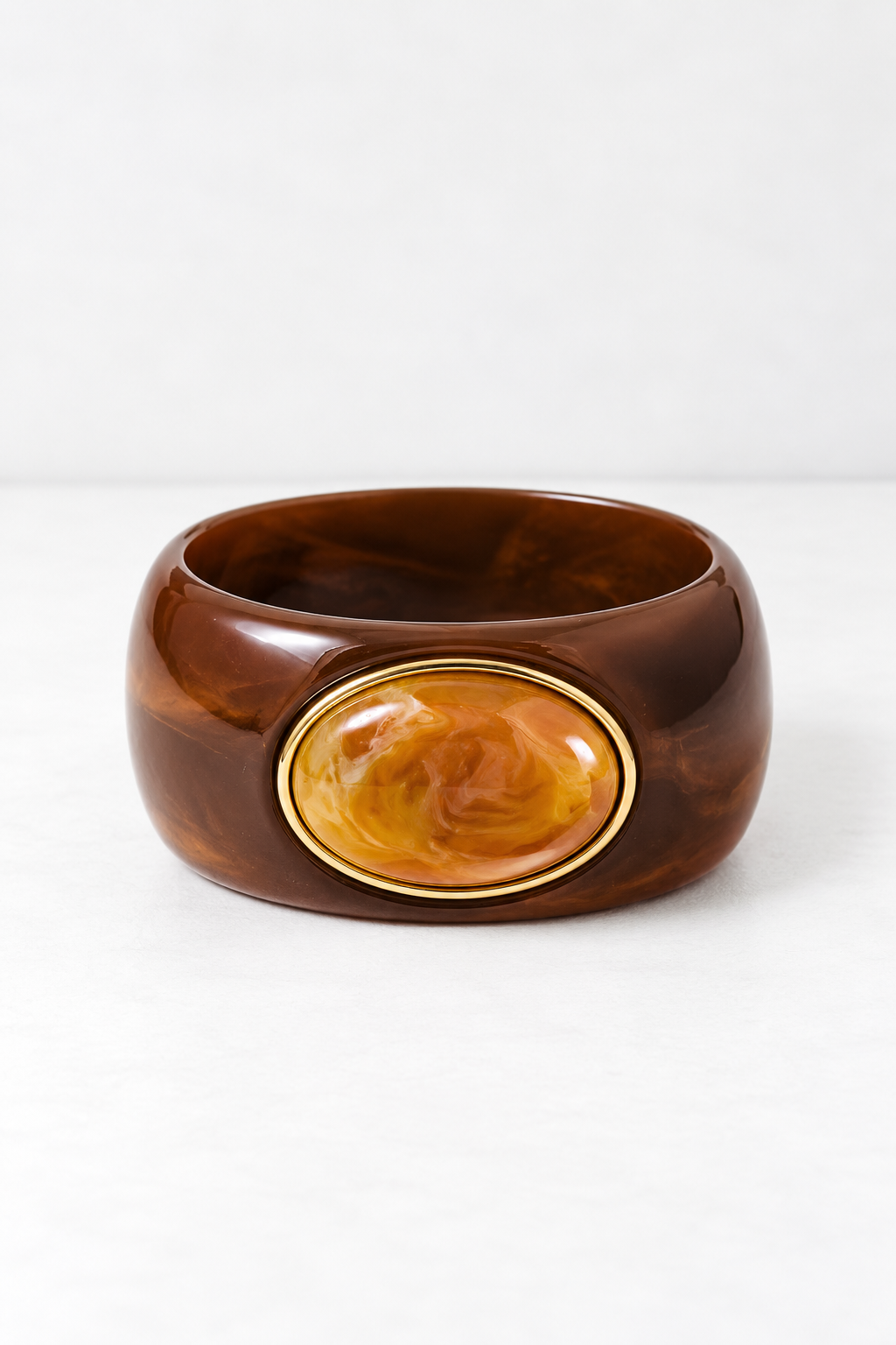 Brown Swirl Thick Bangle w/Single Oval Stone