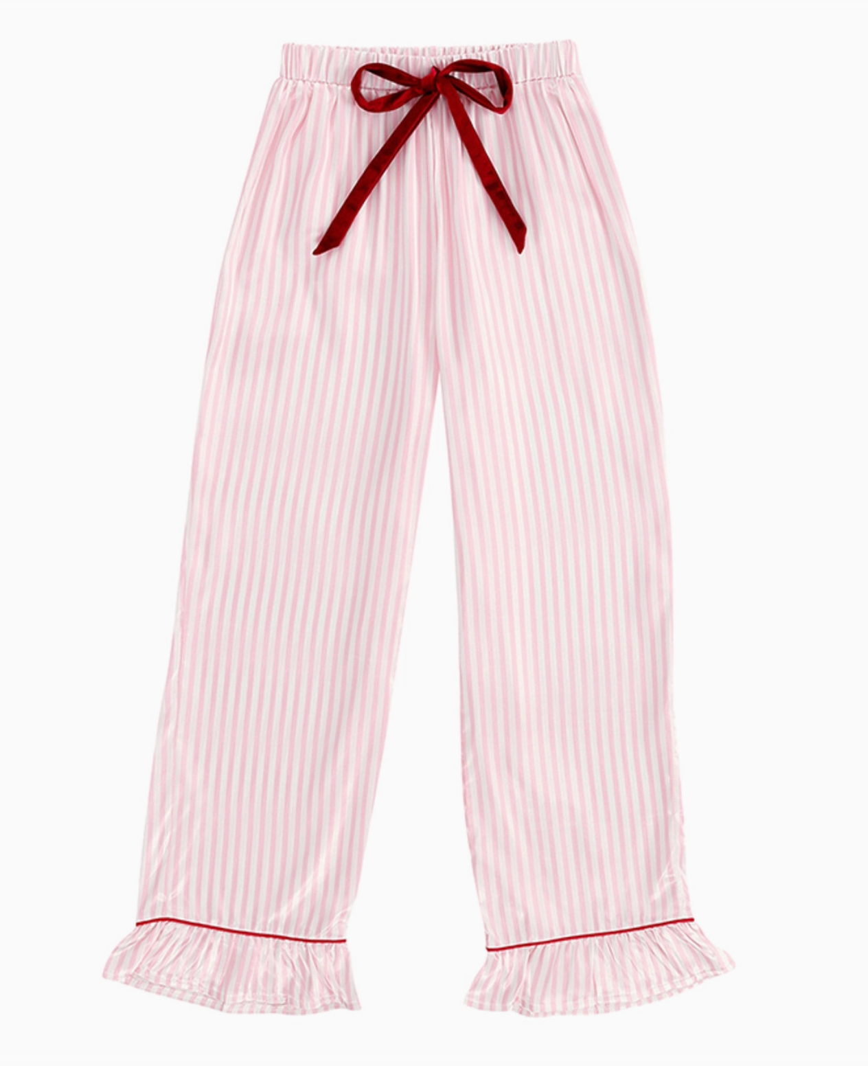 Ruffle Pj Set with Velvet Tie - Pink Stripe