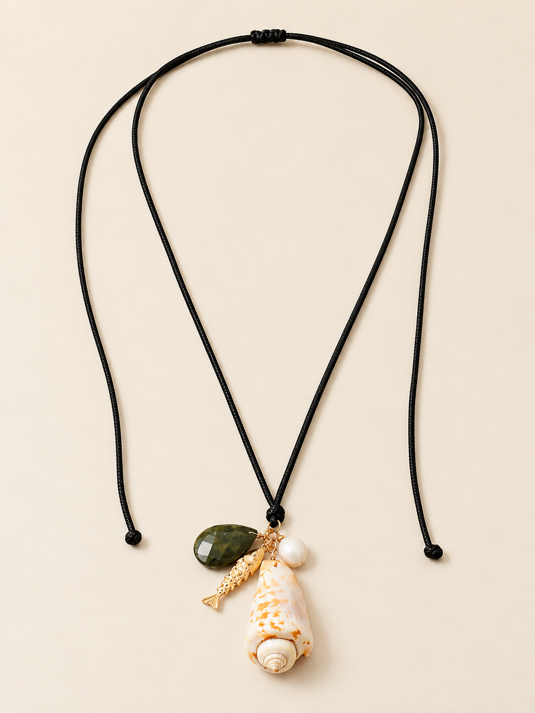 Claudet Collection-Leather Cord Large Shell w/Fish/Pearl Pendants