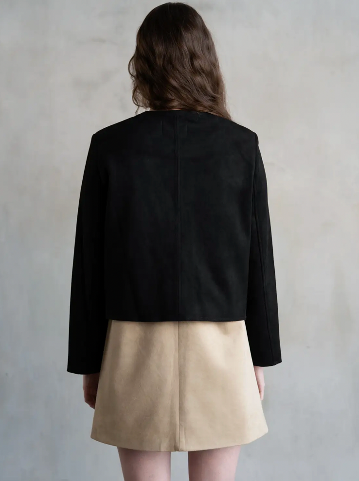 Suede Collarless Jacket-Black