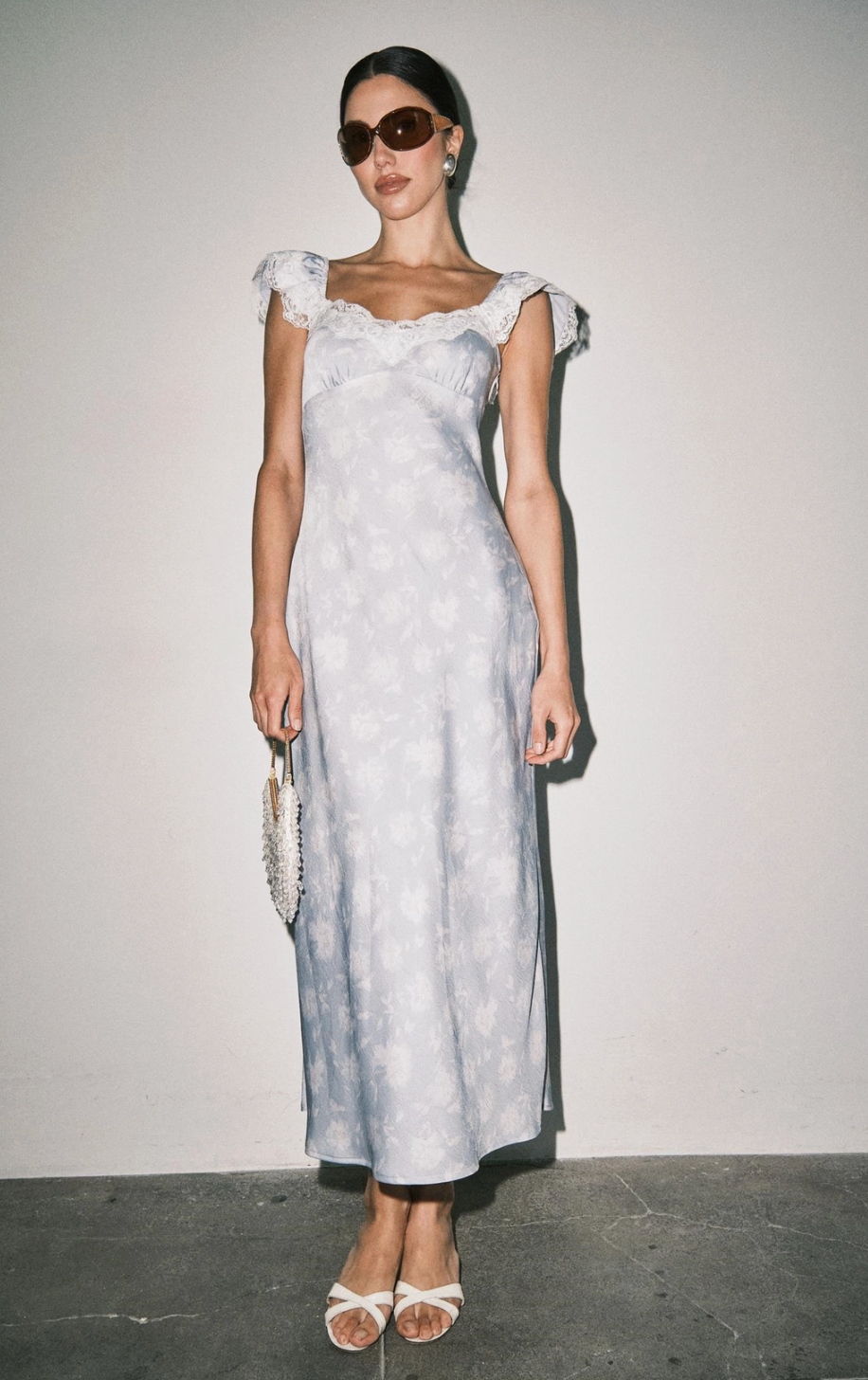 Camille Floral Satin Dress-Light Blue
