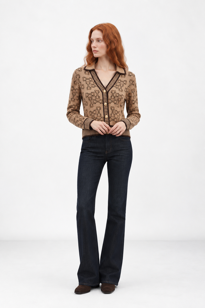Bow & Horse Bit Print Cardigan-Brown