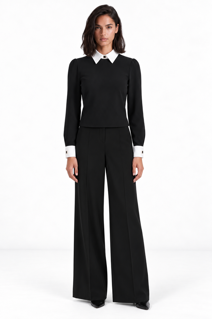 Echo Crepe Collared Top-Blk/White