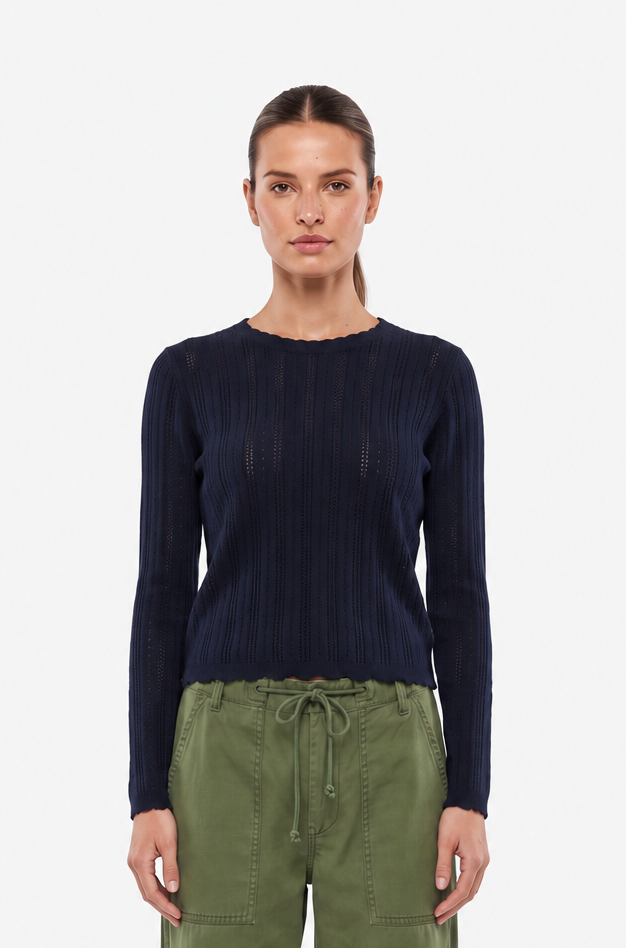 Scalloped Pointelle Knit Top-Navy