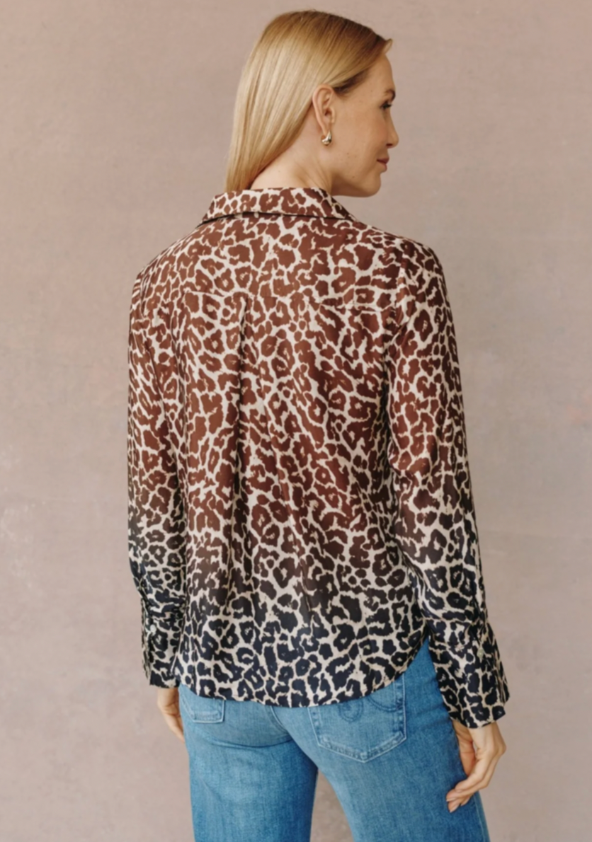 Flowy Wide Collar Button Down Ombre Leopard