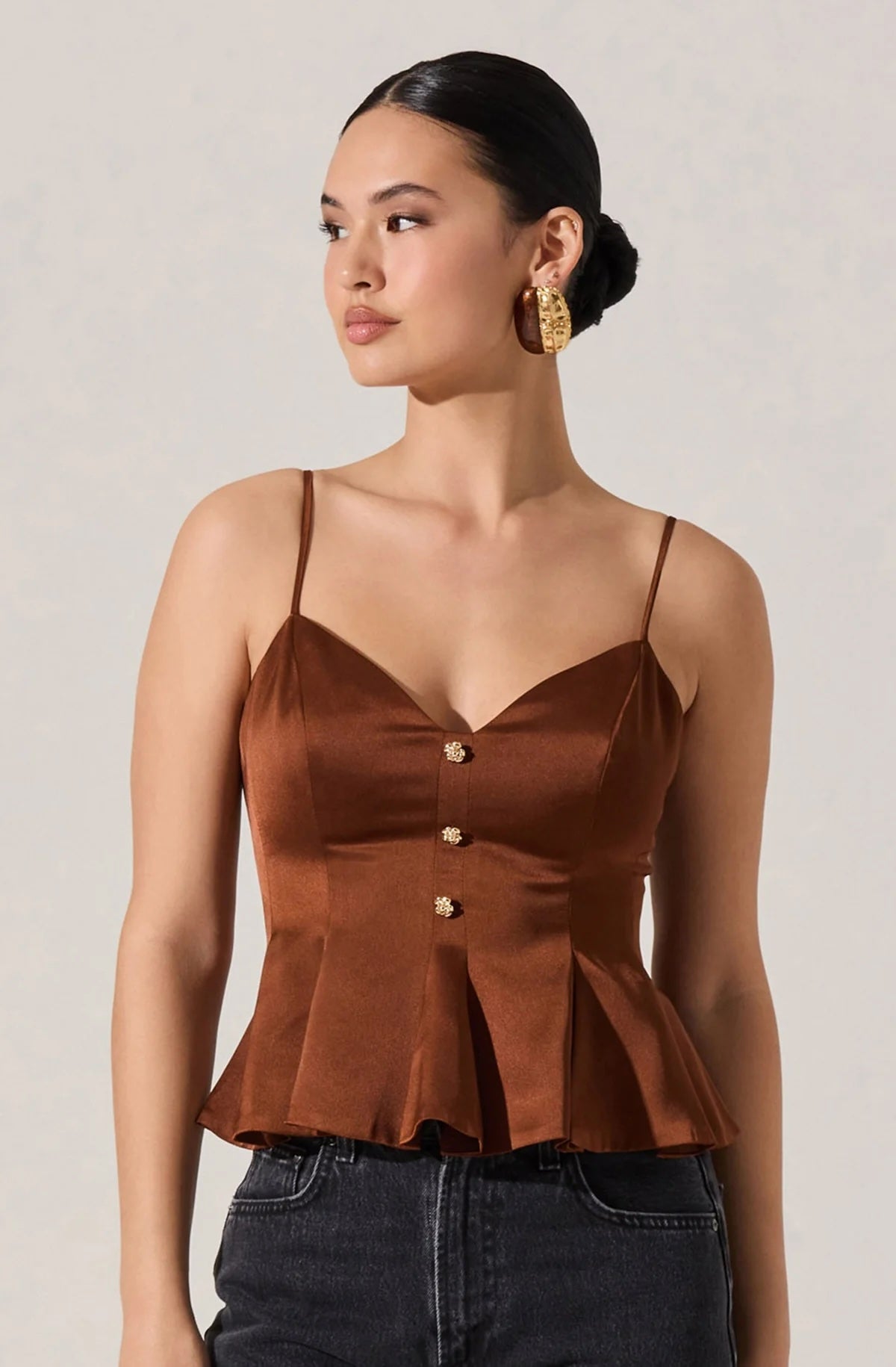 Paislee Satin Pleated Top- Brown