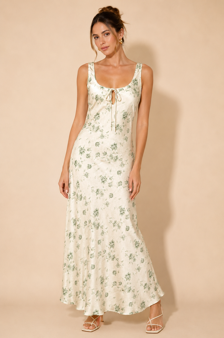 Sleeveless Maxi Dress-Ivory Floral