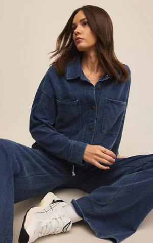 All Day Cropped Knit Denim Jacket Vintage Indigo