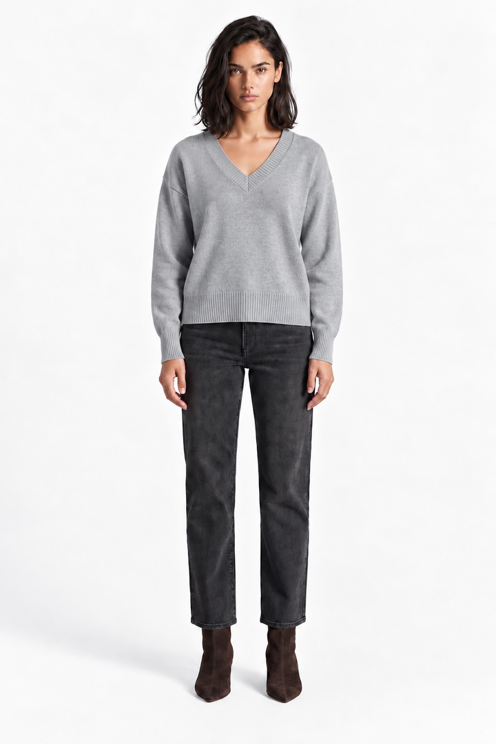 Emily V-Neck Sweater-Heather Grey