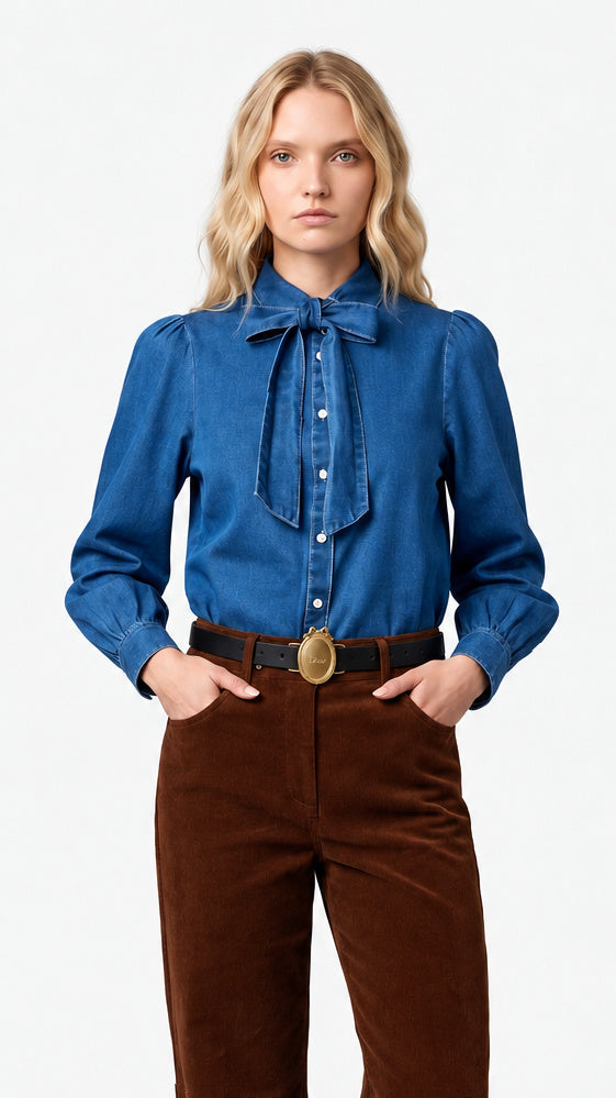 Zaves Chambray Bow Longsleeve Top