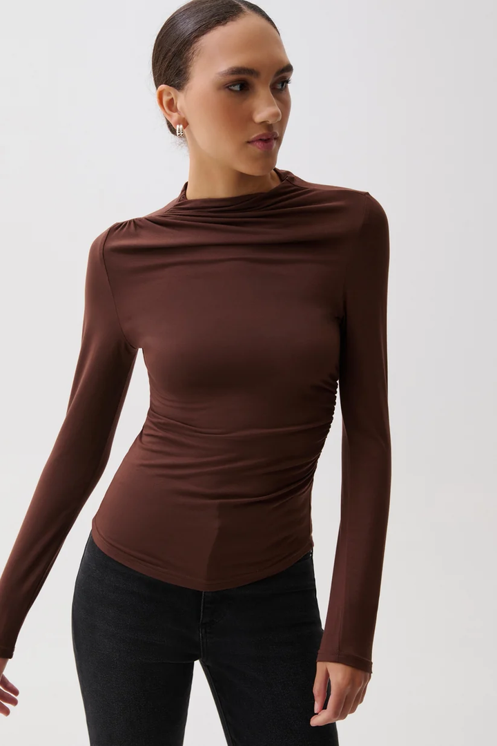 Nathalia Draped Mock Neck Top-Woodland