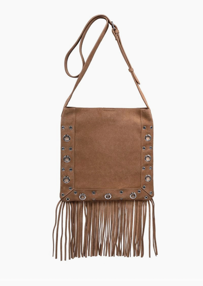 Courtney Fringe/Grommet Crossbody-Cognac