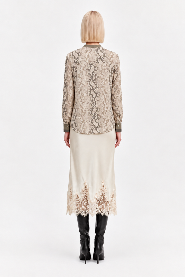 Snake Skin Mandarin Collar Blouse-Taupe