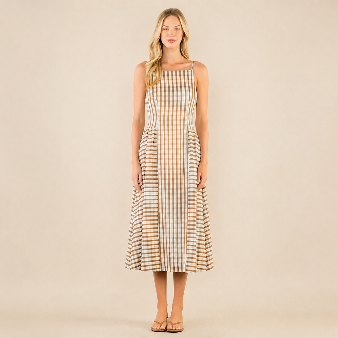Gingham Maxi Dress-Brown