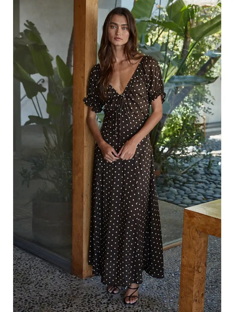 Polka Dot Print Maxi Dress Dark Brown