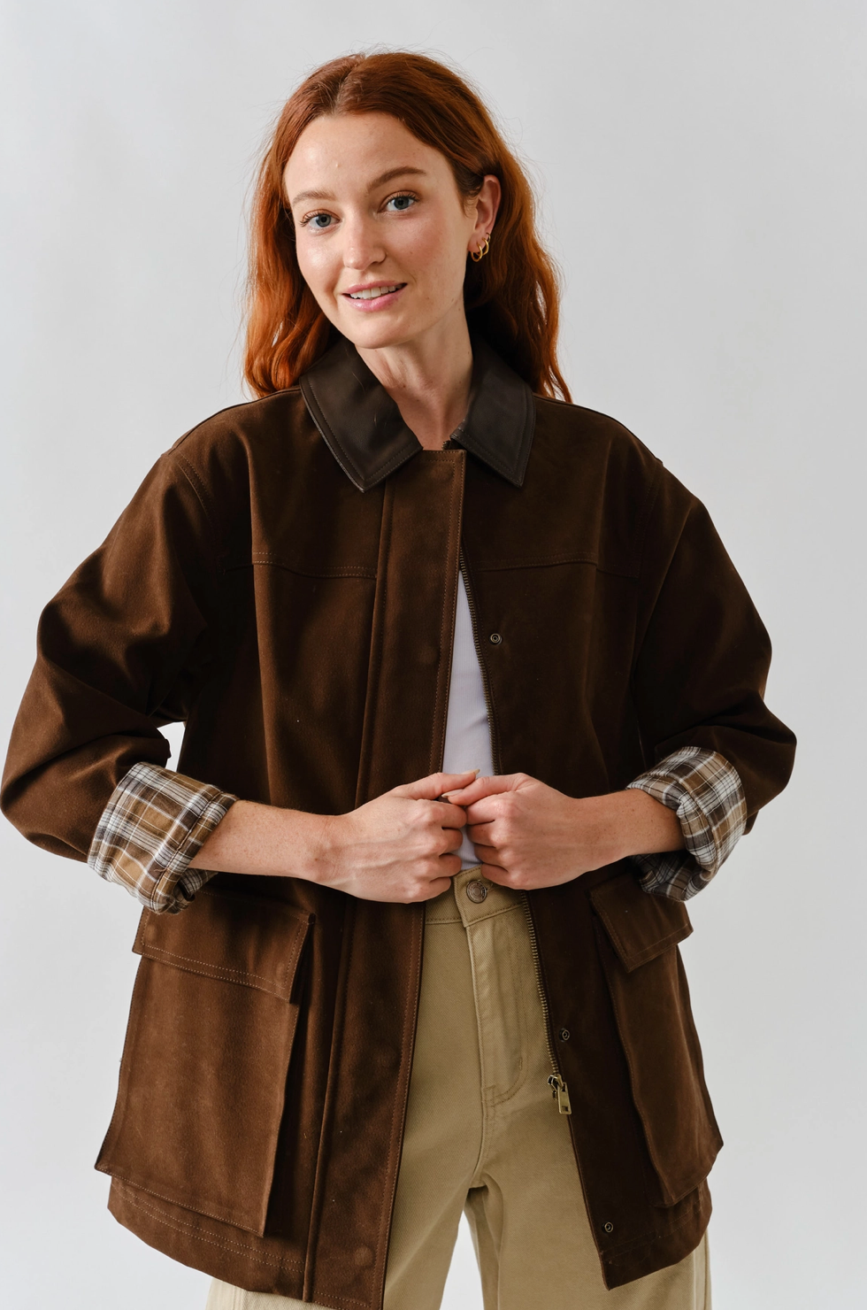 Faux Suede Jacket Leather Collar Brown